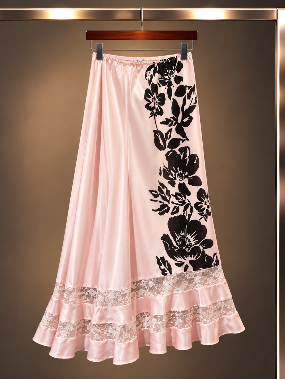 intimately free people Satin Slip Skirt Y2K Pink Black Floral Lace Hem XS